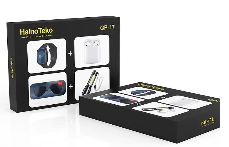 Haino Teko GP17 Smart Watch Combo – Smartwatch, Wireless Earphones, Sunglasses & LED Torch