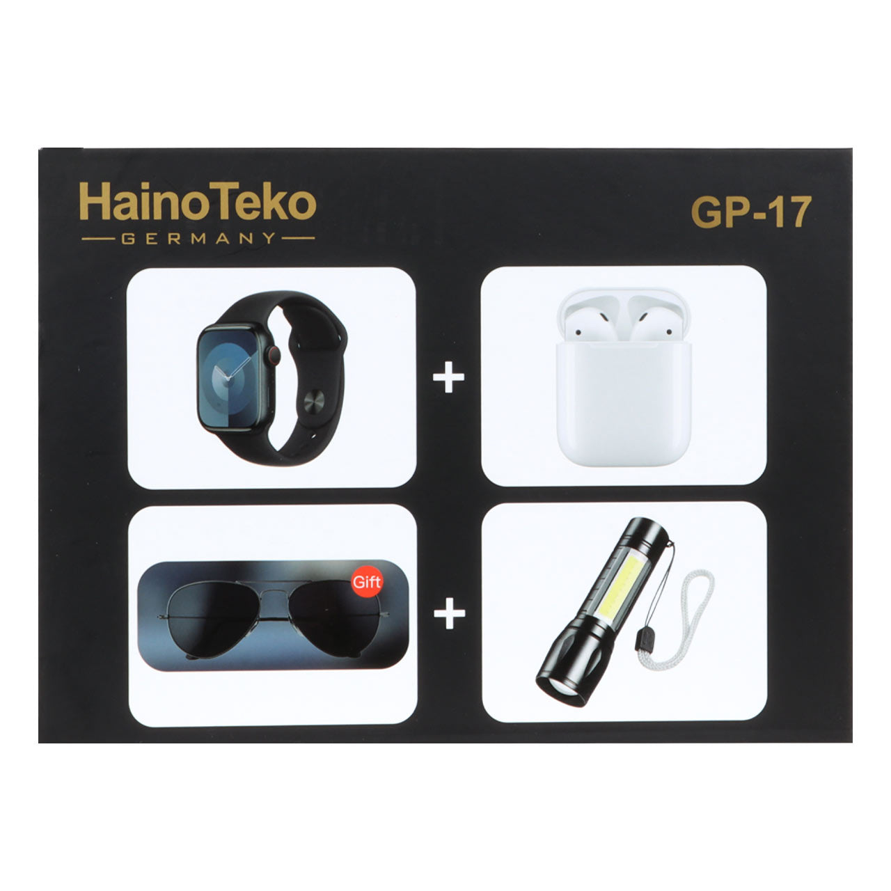 Haino Teko GP17 Smart Watch Combo – Smartwatch, Wireless Earphones, Sunglasses & LED Torch