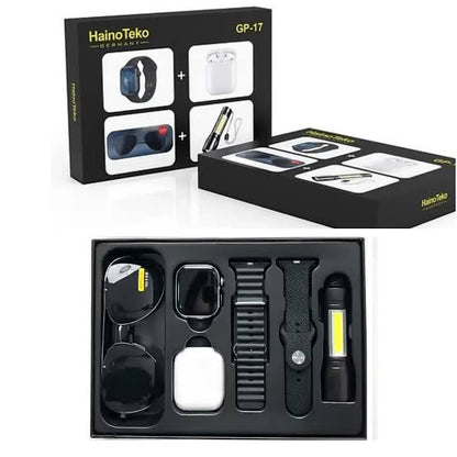 Haino Teko GP17 Smart Watch Combo – Smartwatch, Wireless Earphones, Sunglasses & LED Torch